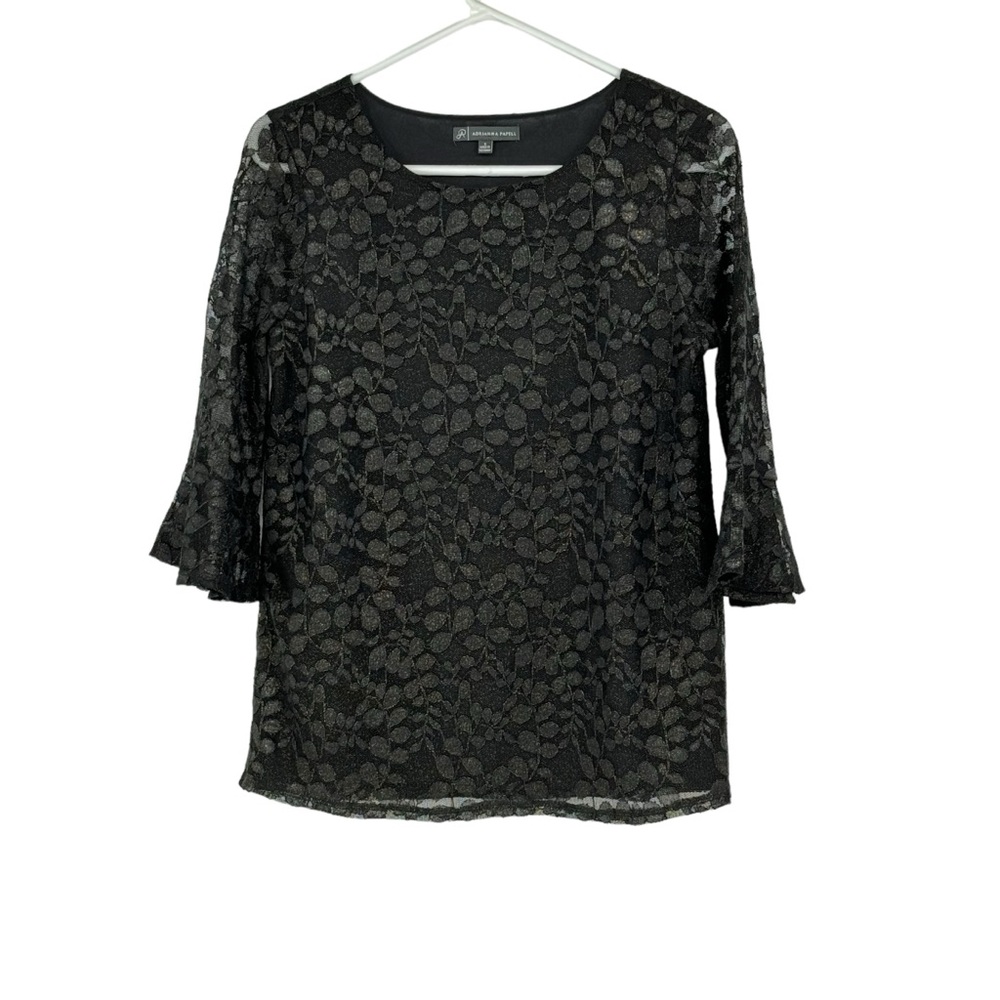 *Adrianna Papell Size Small Black Long Sleeve Lace Top w Gold Glitter Specks